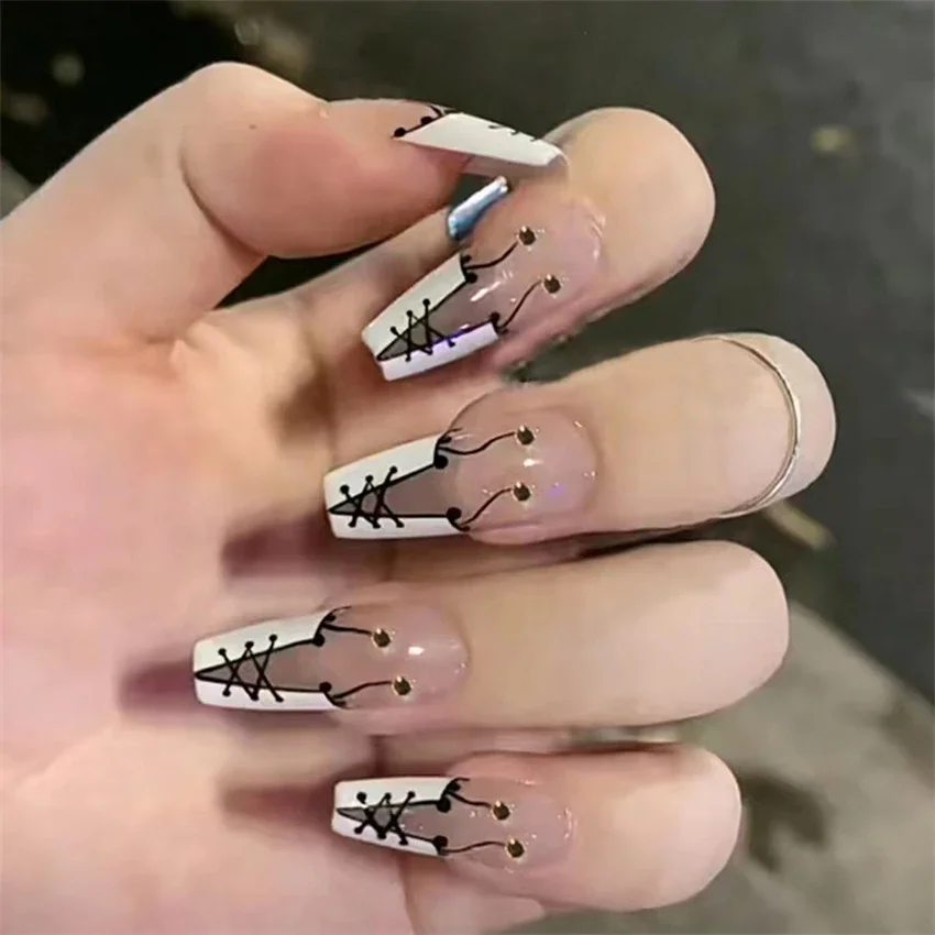 24Pcs/Set French Long Ballet Fake Nails Removable Handmade Square Head Wearing False Nails Adhesive Acrylic Press on Nail Art