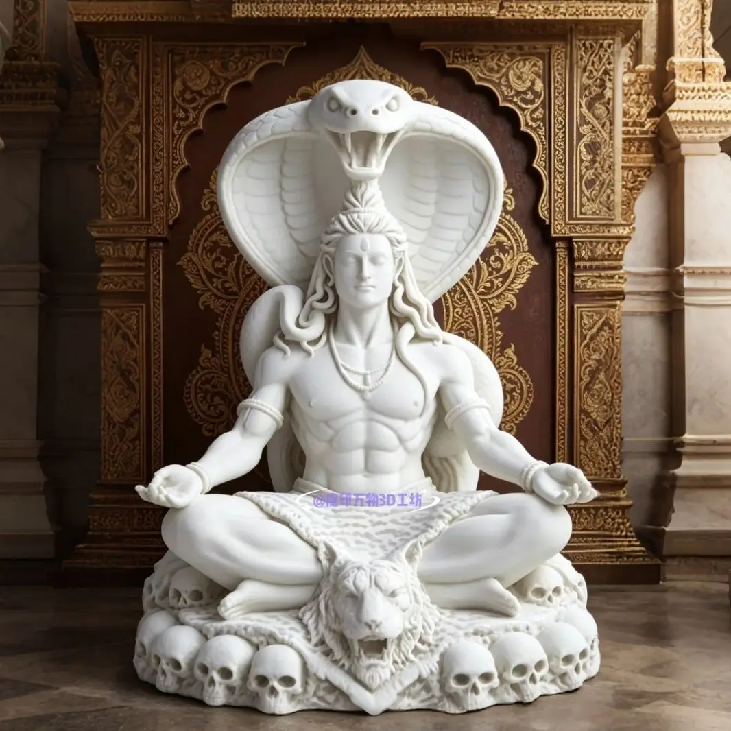 3D Printed Indian Shiva Yoga Statue with Cobra, Meditating Seated Shiva Deity, South Asian Ornament