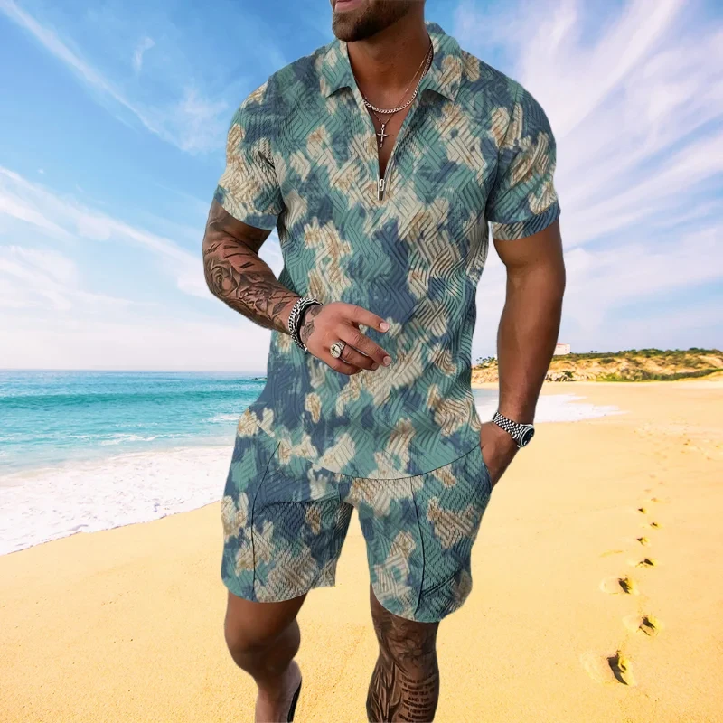 Floral Plant 3D Print Summer Men Sweatsuit Set Casual Zipper Collar Polo Shirt And Shorts 2 pcs Sets Holiday style clothing