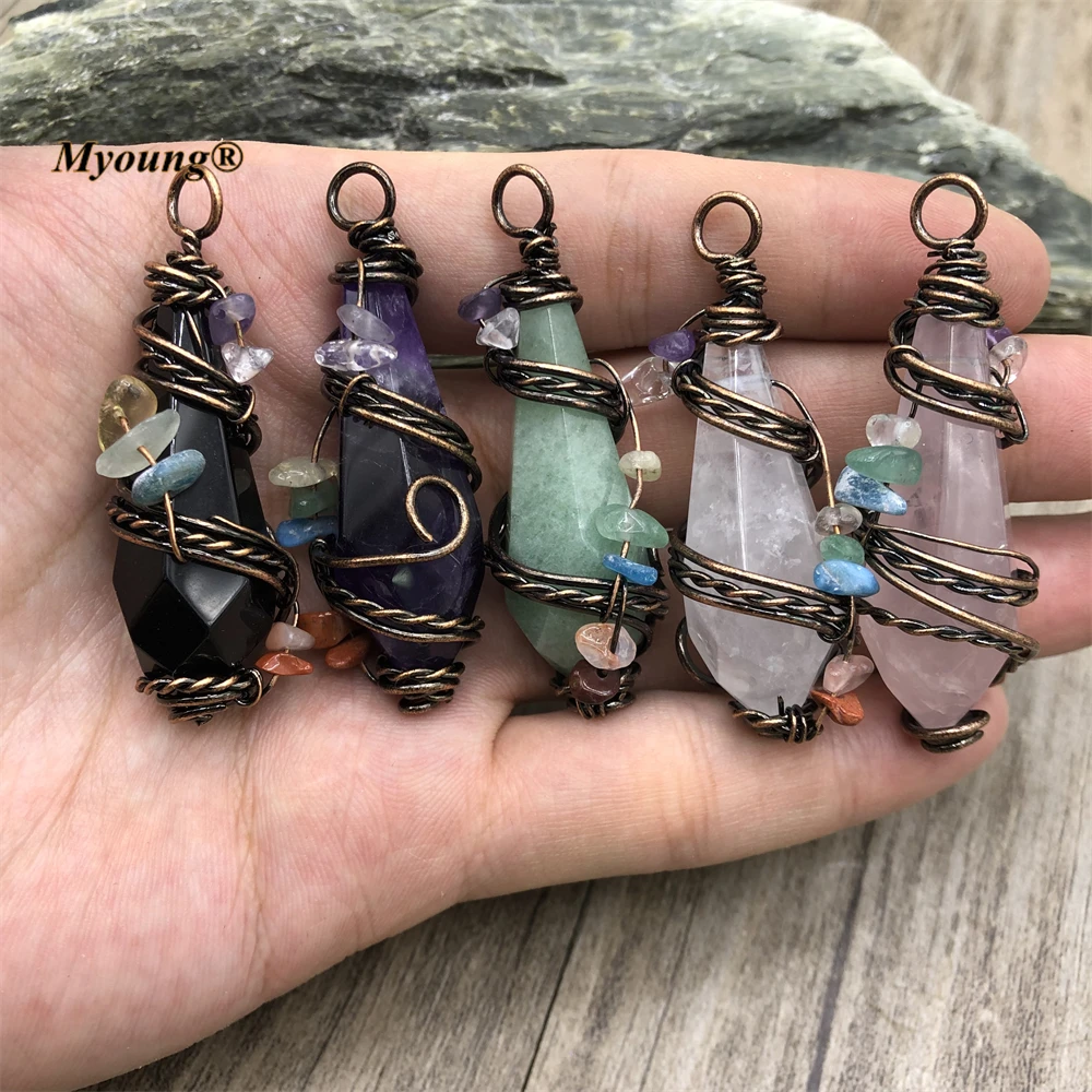 Bullet Shape Reiki 7 Chakra Gems Gravel Paved Natural Crystal Rose Quartzs Tiger Eye Stone Point Vintage Pendants MY220790