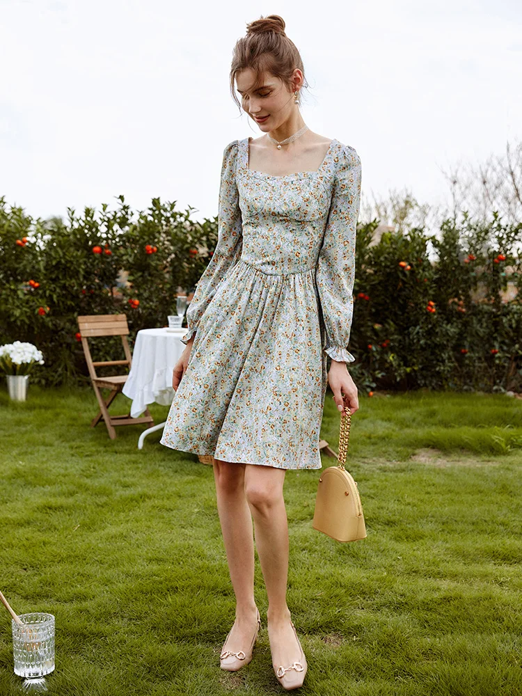 OLrain الخريف فساتين مُزينة بنقشة الزهور المرأة 2025 جديد الخصر رقيقة ساحة طوق فستان أنيق تصميم متوسط ميدي فستان الإناث O21QL53899