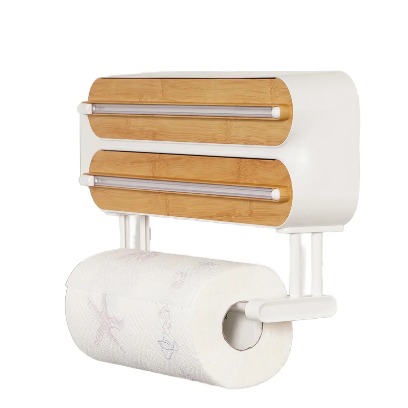 Multi-Function Double-Tier Wall-Mounted Cling Wrap Cutter Plastic Film Foil Dispenser Magnetic Kitchen Storage Holder