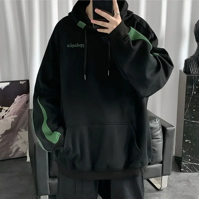 

Sweatshirts for Man Hoodies Black Men's Clothing Fleeced Hooded Spliced Embroidered Korean Style Aesthetic Harajuku Fashion Emo