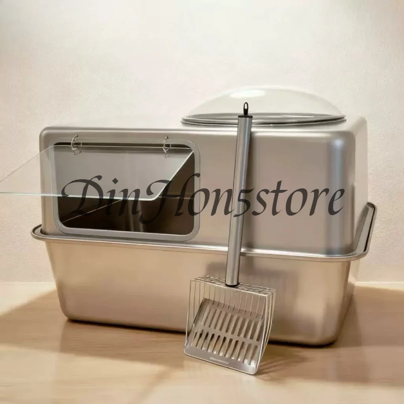 All-Stainless Steel Enclosed Litter Box, Extra-Large Glass “Space Capsule” Box with Splash Guard and Anti-Scatter Design