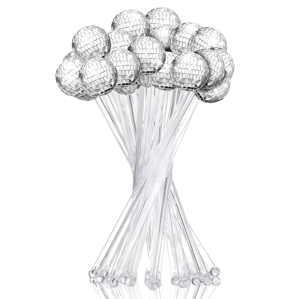 24 Pcs Disco Balls Cocktail Stirrers Plastic Round Top Swizzle Sticks Cake Mirror Ball for Home Bar Coffee Shop Use