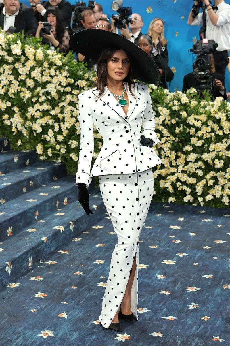 

White Women Suit Skirt Set 2 Piece Blazer+Long Prom Dress Black Dot Formal Office Lady Jacket Wedding Bride Coat Customized