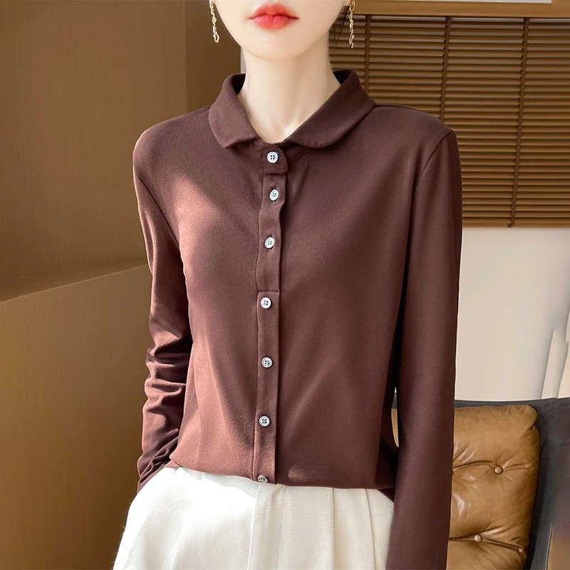 

Autumn/Winter Women's Dralon Fabric Polo Collar Long sleeved Shirt Temperament Loose Fashion Solid Half Cardigan Versatile Tops