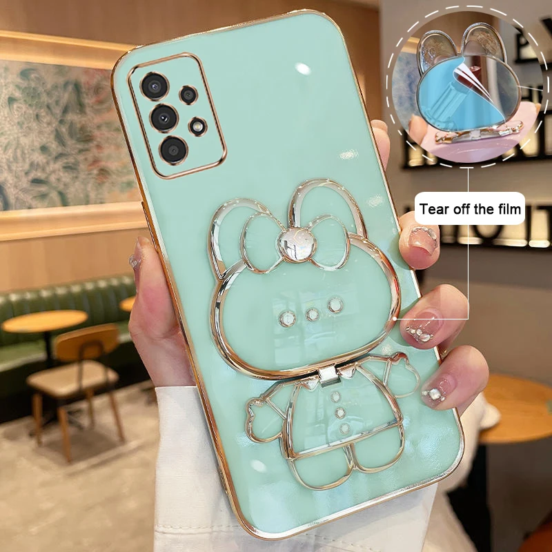 For Samsung Galaxy A52 52S 4G 5G Phone Case Soft Silicone Plating Cartoon Rabbit Fold Stand Makeup Mirror Bracket Cover