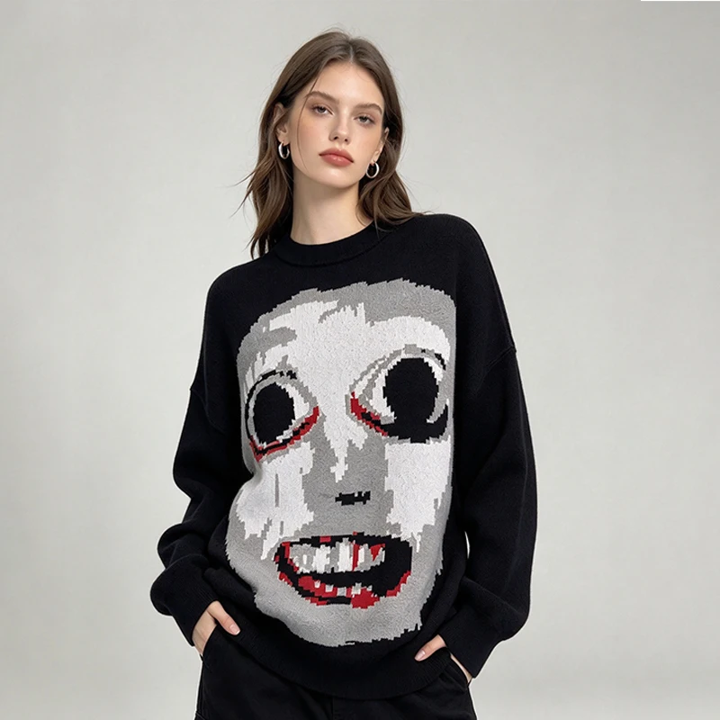 2026 Vintage Horror Character Jacquard Knitted Sweater Big Face Print Crewneck Pullover Unisex Loose Fit Punk Goth Streetwear