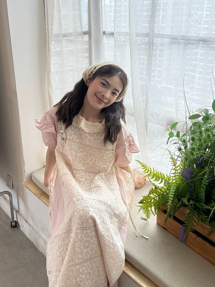 ชุดเซ็ตสองชิ้นสำหรับผู้หญิงไซส์ใหญ่ คอเสื้อแต่งลูกไม้ สไตล์เกาหลี แขนยาว กระโปรงทรงเอ ความยาวปานกลาง ชุดฤดูร้อน