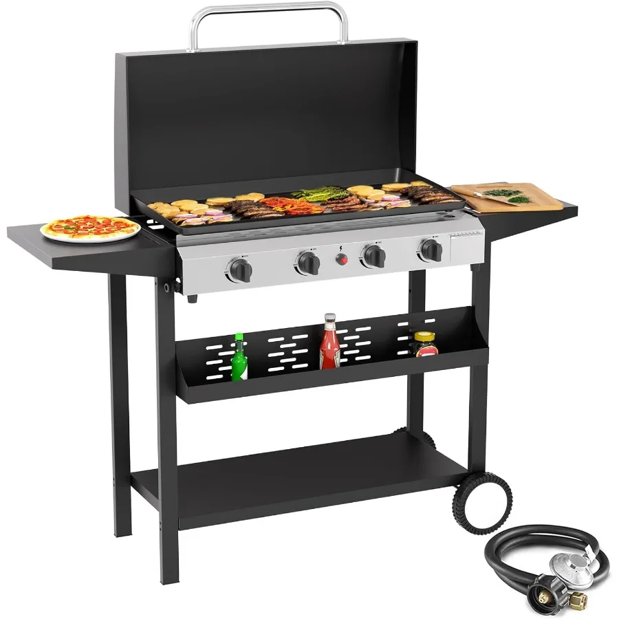 

4 Burners Outdoor Gas Griddle with Hood Portable Flat Top Gas Grill-Table Top Propane Griddle Station with Side Shelves for Kit