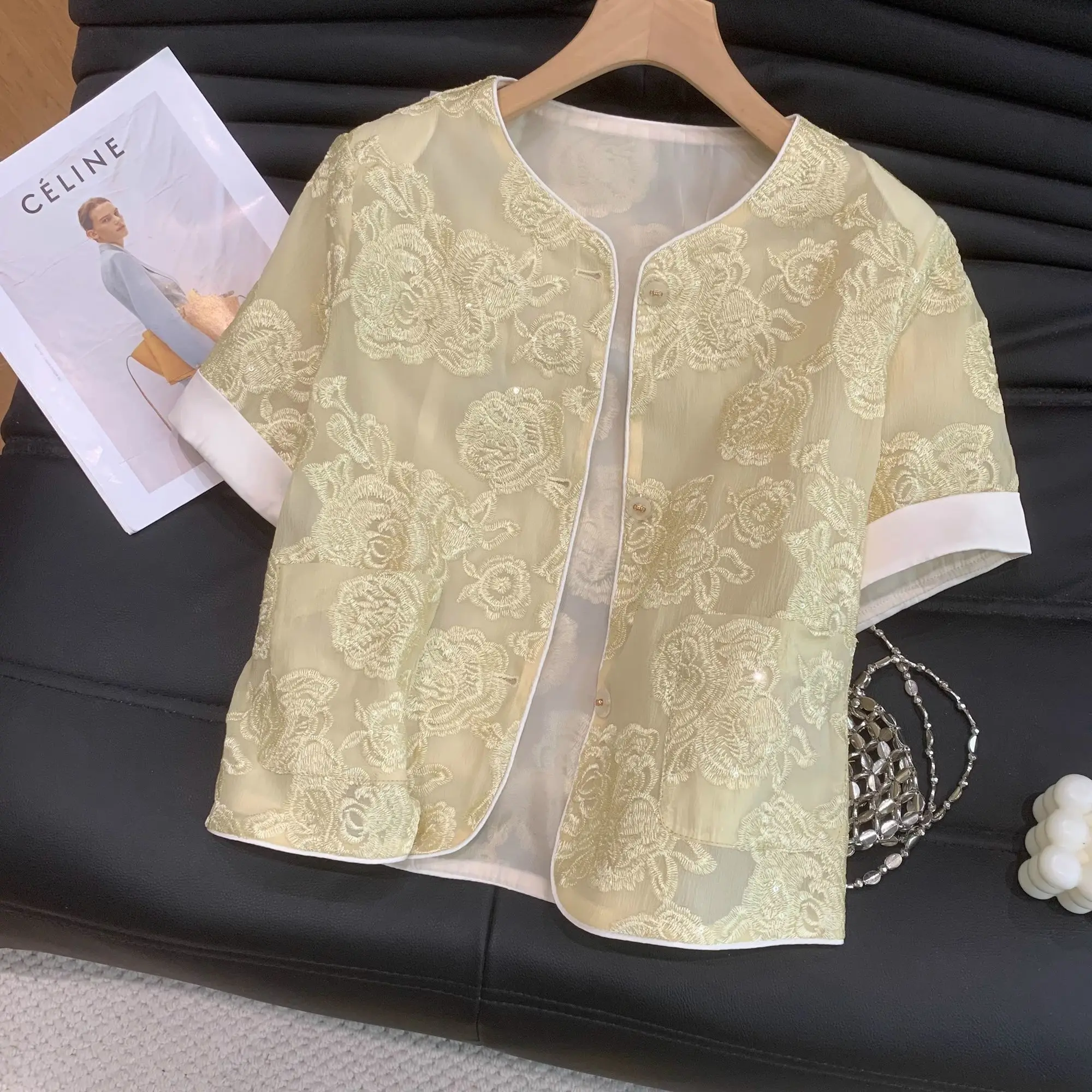 Camicette retrò ricamate Camicie larghe a maniche corte jacquard da donna Top vintage in stile etnico cinese