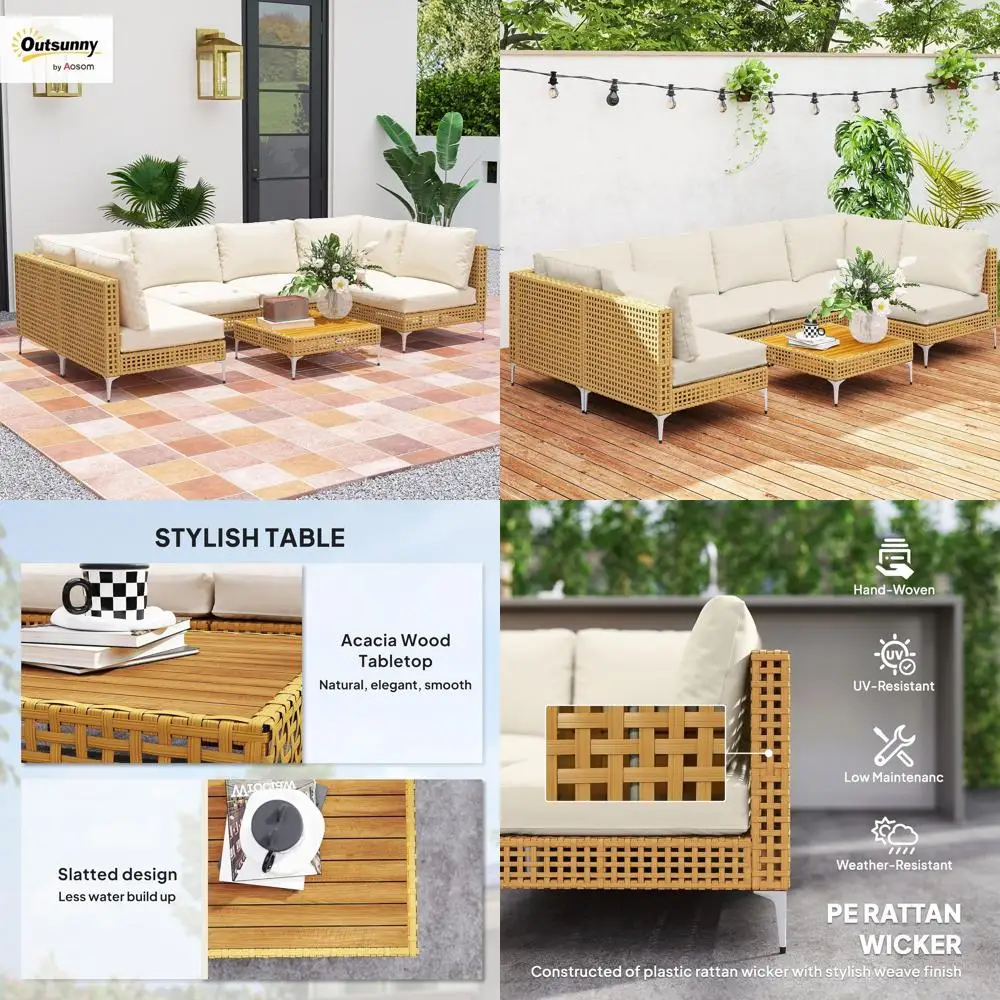 

7-Piece Wicker Patio Furniture Set with Cushions, Outdoor Sectional, Rattan Sofa Set, Slatted Acacia Wood Table for Backyard, Kh