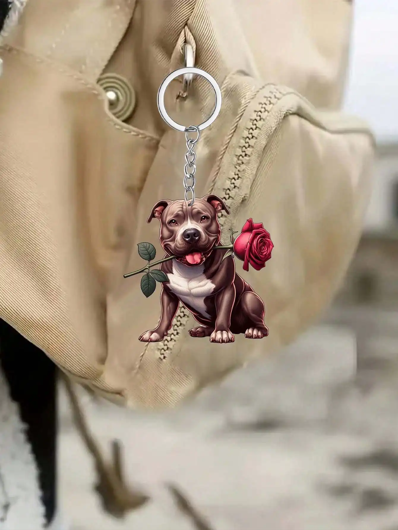 1-teiliger süßer kleiner Hund-Schlüsselanhänger mit Rose in ihrem Mund, innovatives Design, DIY-Rucksackdekoration, romantischer Acryl-Schlüsselanhänger