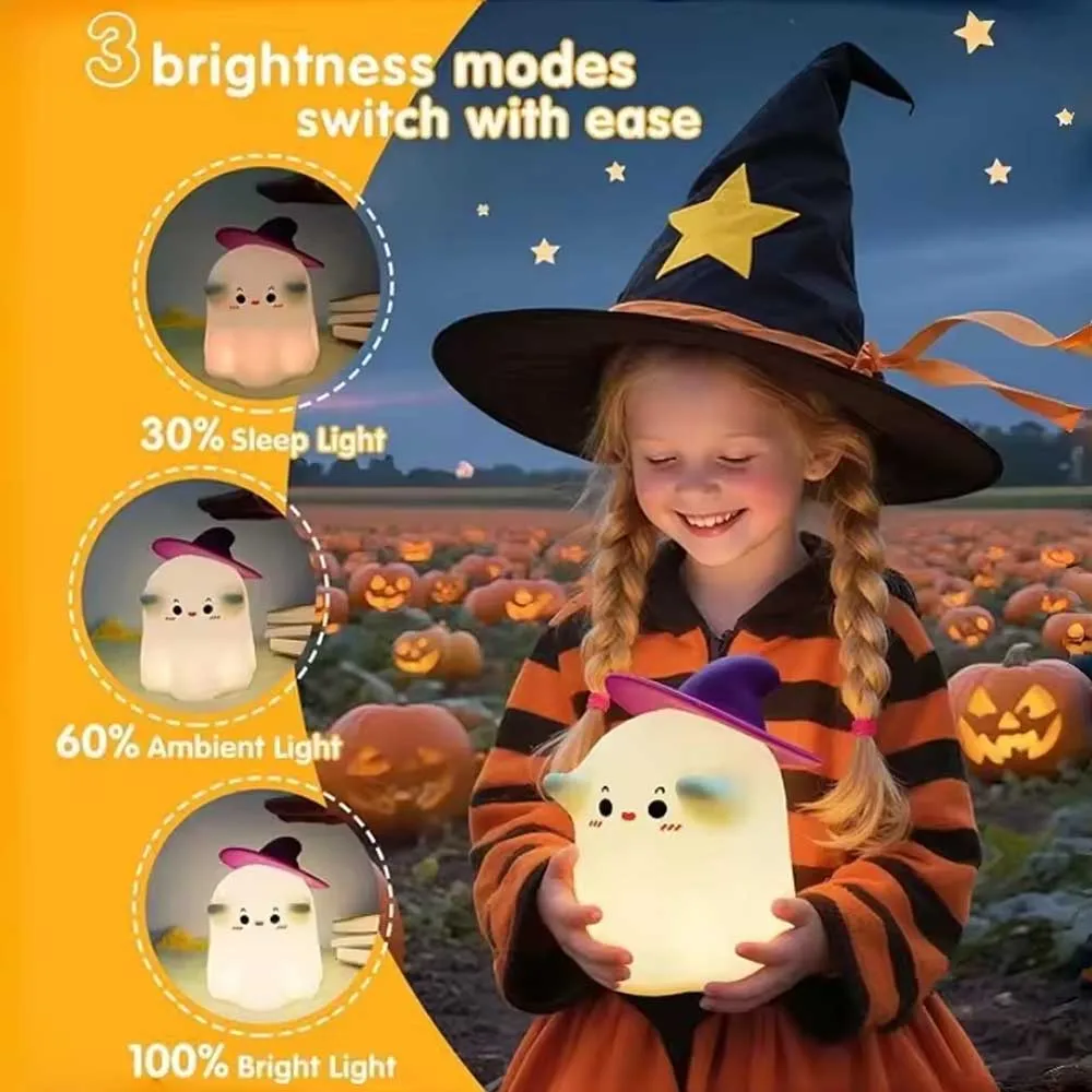 Cute Ghost Touch-Activated Silicone Night Light, Witch Hat Tap-to-Turn-On Light, Warm-Light Bedside Lamp, USB-C