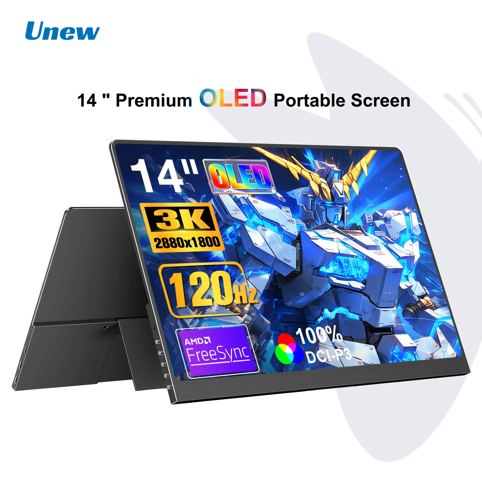 Unew 14" OLED Portable Monitor 3K 120Hz USB-C Mini HDMI FreeSync 100% DCI-P3 Gaming Screen for Laptop Mac Switch PS5 Xbox