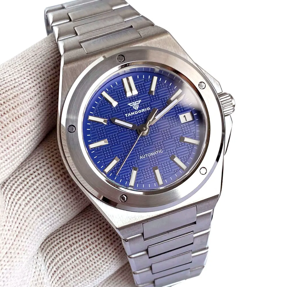 Tandorio 40 mm weiß kariertes Gitter-Zifferblatt, leuchtende NH35 mechanische Herren-Armbanduhr, Saphirglas, Stahlarmband, Datumsstab-Index 5