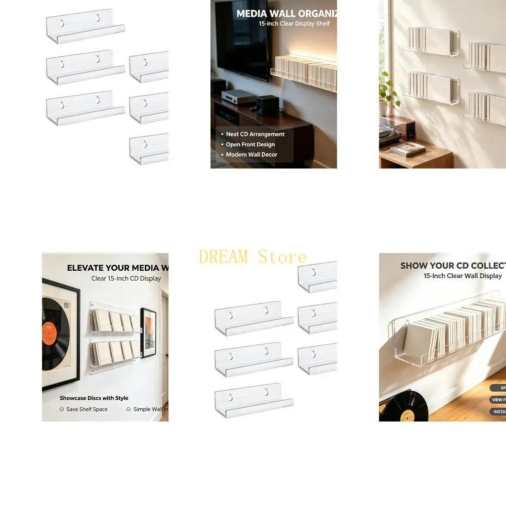 Clear Acrylic Music Media Wall Shelves, 6 Pack for Album Covers and Small Records with Individual Placement and Wall Mounting