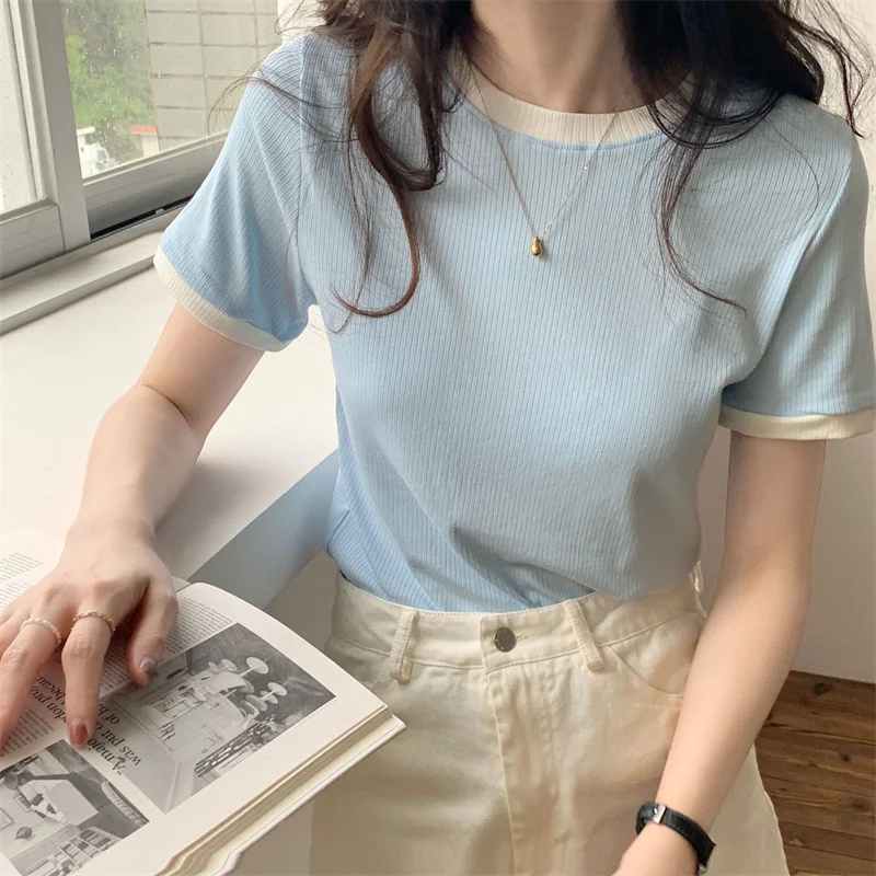 Casual Base Shirt Women Slim Fit Short Sleeve T-shirt Summer Patchwork Student Round Neck Women Clothing