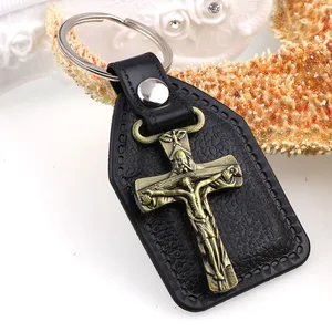 Chaveiros feitos de couro pu para homens, cadeia com charme Saint Michael, tag preta, gancho banhado a bronze antigo, porta-chaves do carro 8 principais vendas chaveiro de são cristovão - №5