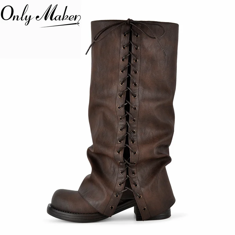 Onlymaker Retro Round Toe Faux Leather Vintage Ruched Knee High Boots Lace-up Block Heel for Cosplay Daily Wear Tall Boots
