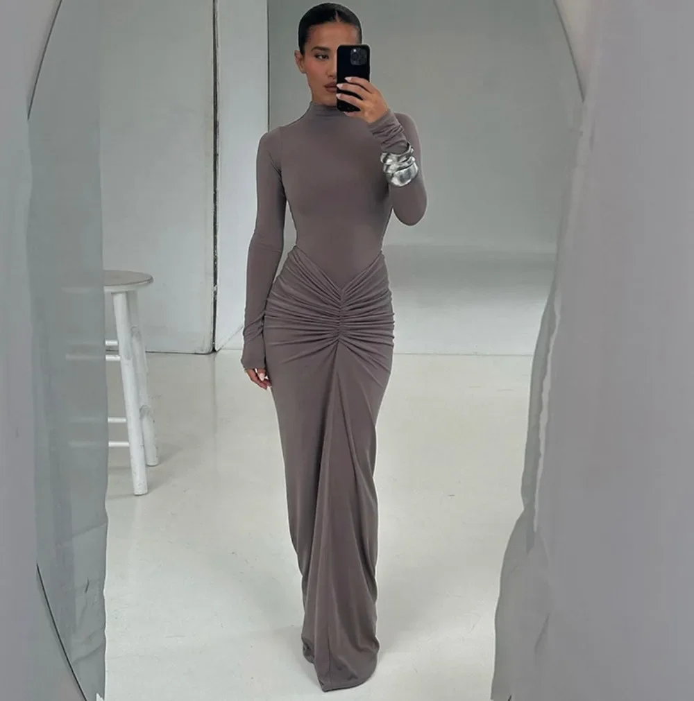 

Elegant Women Pleated Maxi Dress Long Sleeve Slim Fit Plain Color Clothing Autumn Winter Casual Lady Long Dress 2024