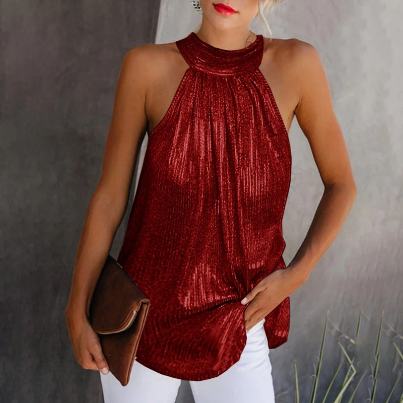 Sequined Elegant Halter Party Blouses for Women Summer Sleeveless Loose Shirts Tops Office Ladies Plus Size 5XL Y2K Clothing