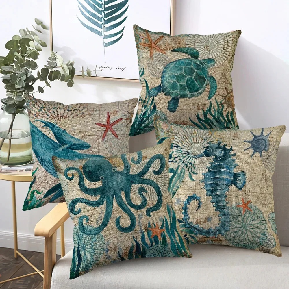 Marine Life Turtle Seahorse Whale Octopus Cushion Cover Pillow Cover Retro Linen Fabric 45x45cm