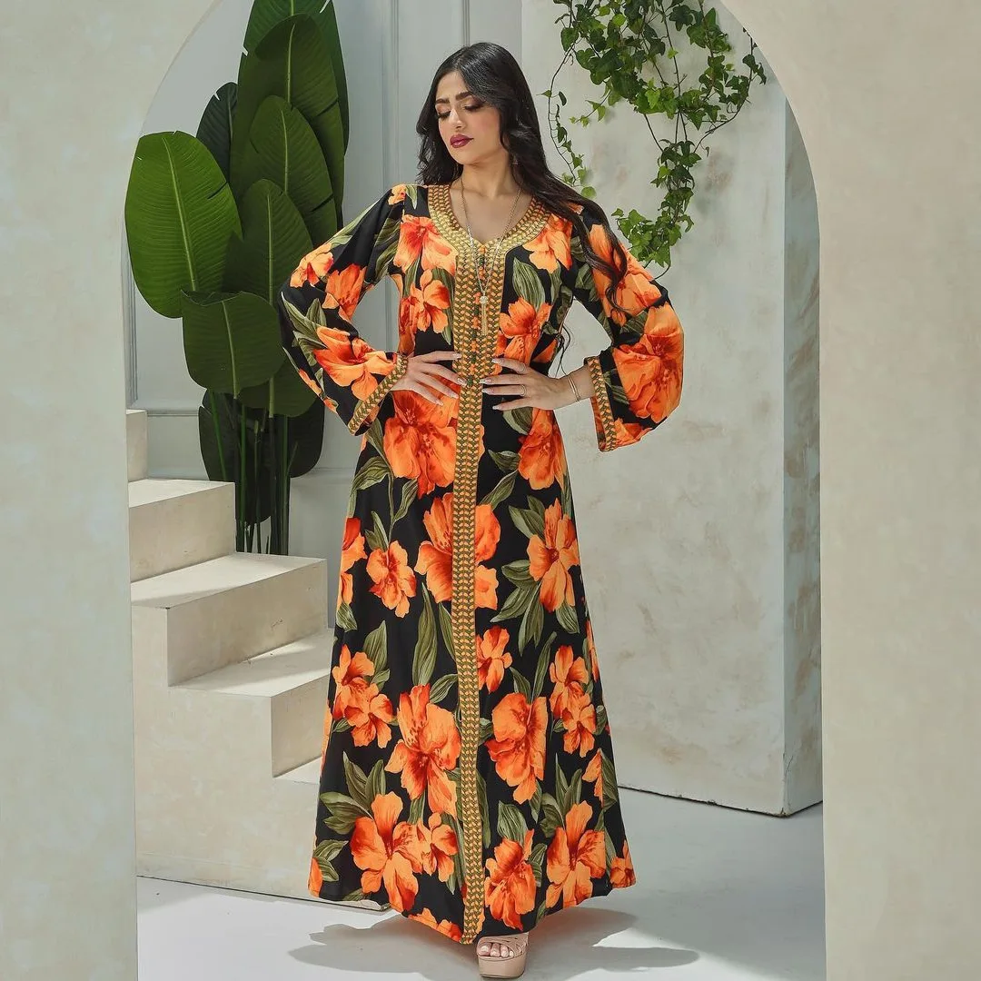 AB2282022 New Long Gown with Black Background and Orange Big Flower abaya Fashion Muslim Women's Dress