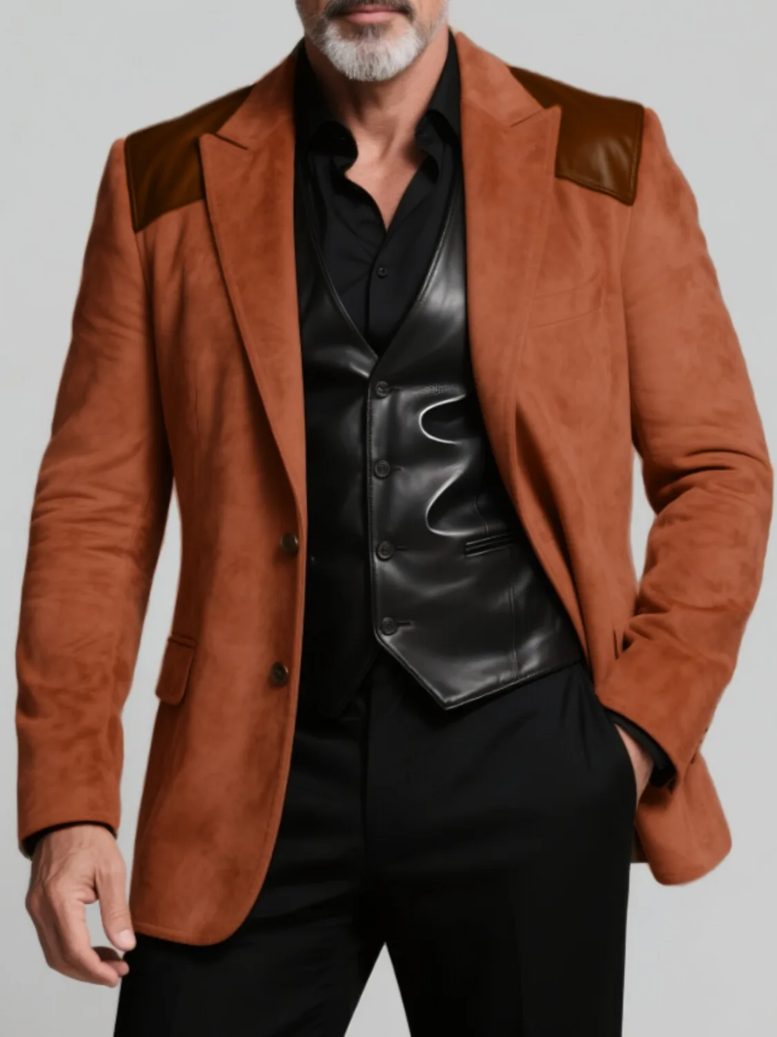 

Designer Classic Men's Suit Coat PU Splicing Notched Lapel Peaked Breasted Groom Wear Business Party Blazer Customized