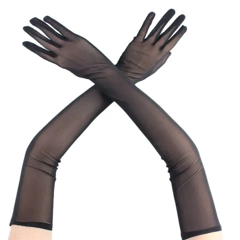 53cm Ultra-Thin Elasticity Tulle Mesh Transparent Gloves Elegant Women Sexy Black Sunscreen Breathable Female Driving Gloves