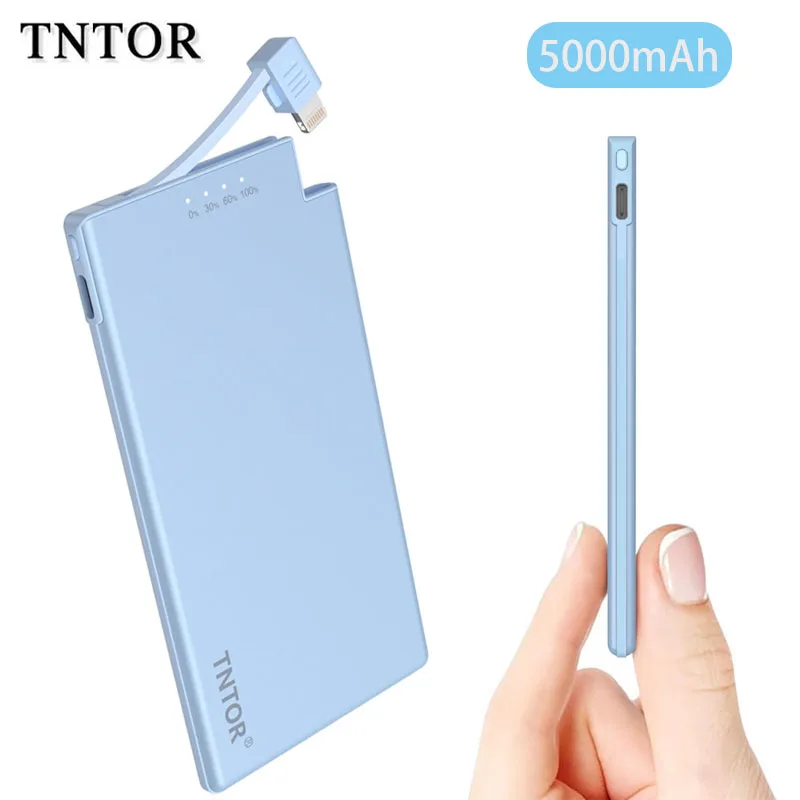 TNTOR Ultra-thin Power Bank Portable 6mm Mini Power Bank Large Capacity 5000mAh Fast Charging Built-in Cable for iPhone Huawei