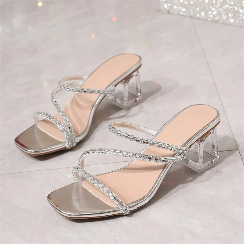 

Eilyken дизайн стиль кристалл с открытым носком женские тапочки модные модельные туфли на прозрачном квадратном каблуке летние шлепанцы Zapatos De Mujer