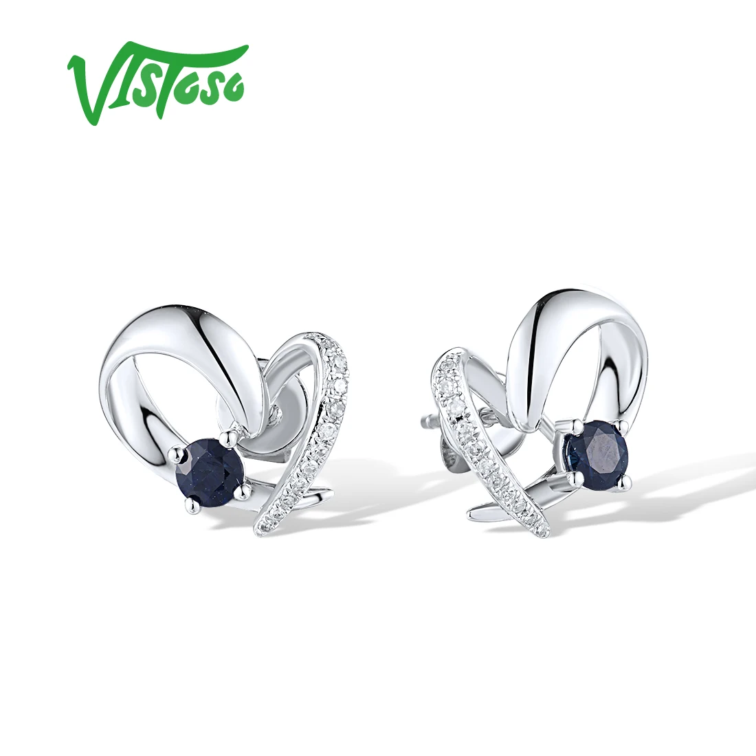 

VISTOSO Real 14K 585 White Gold Stud Earrings For Women Sparkling Diamond Blue Sapphire Love Heart Delicate Party Fine Jewelry