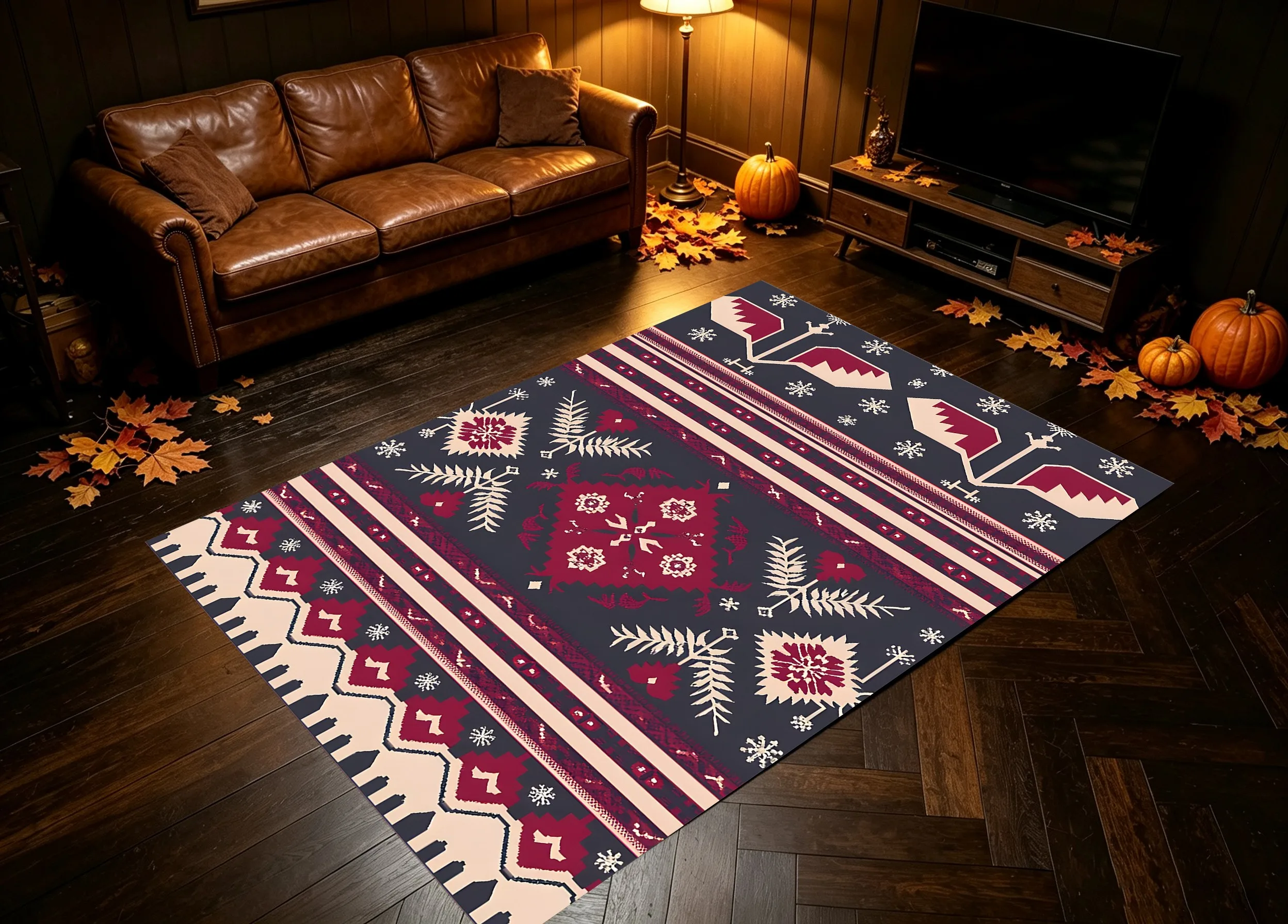 Nordic Fair Isle Snowflake Pine Velvet Rug, Warm Festive Christmas Decor for Living Room, Bedroom & Entryway