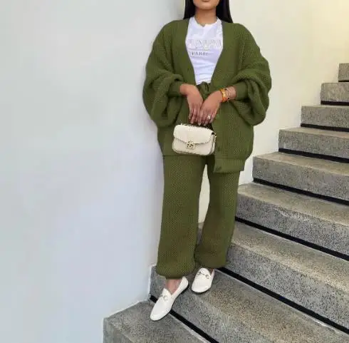 

2025 Autumn/Winter New Women's Fashion Casual Loose V-neck Open Knitter Two Piece Set Women's Clothing