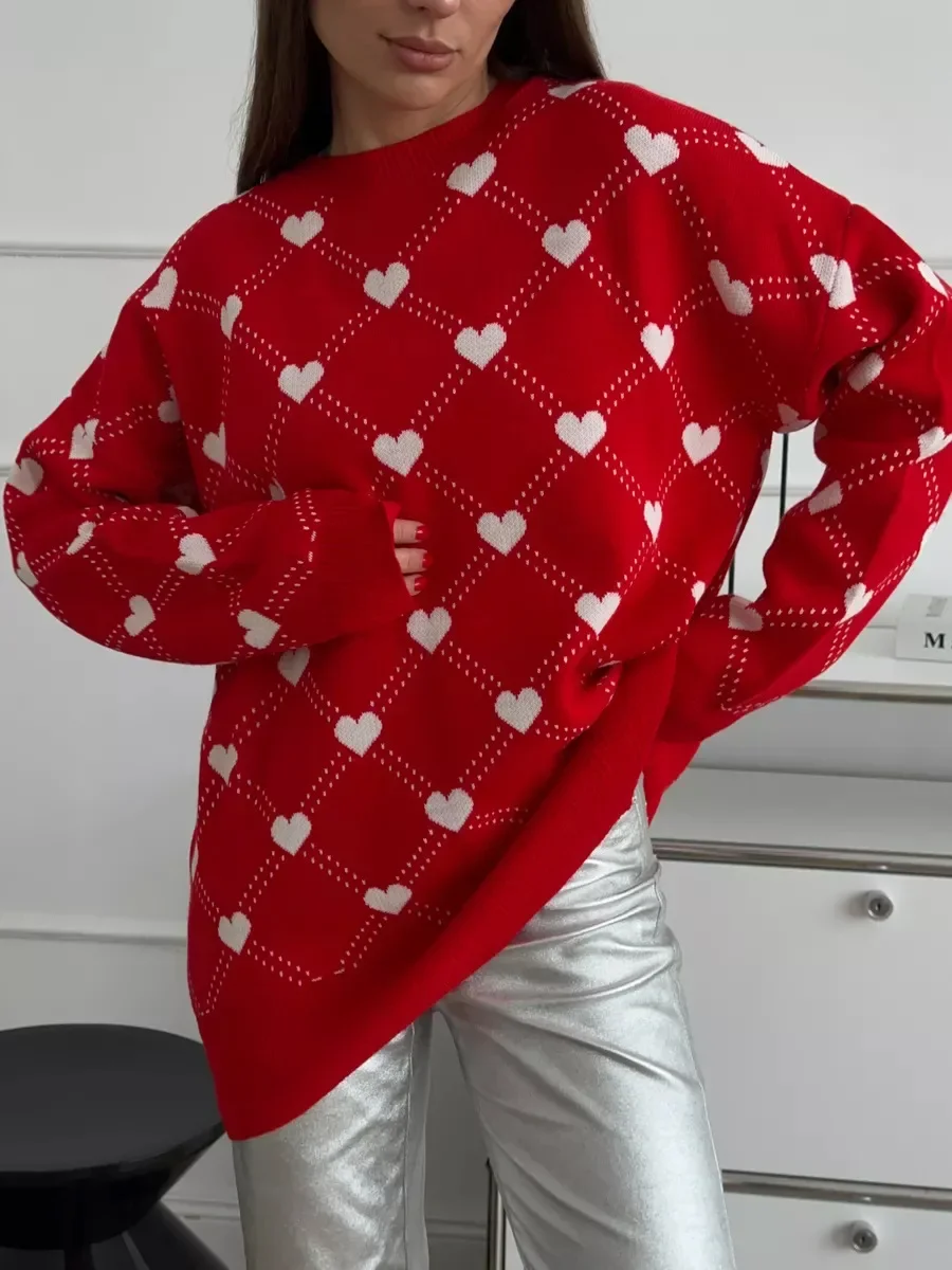 Bornladies Autumn Winter New Warm Love Printed Sweater Women\'s Loose Casual Mid Length Fashion Sweater O-neck Pullover Top