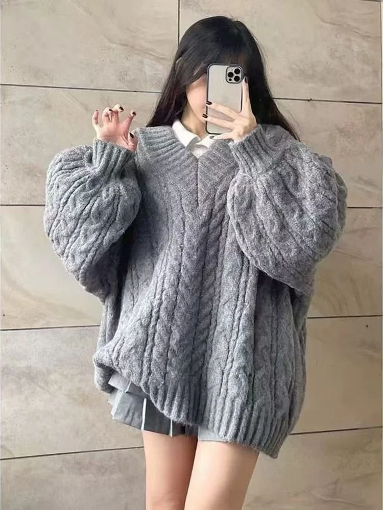 

Thickened Knitted V-neck Soft Sweet Pink Sweater Women's Autumn Winter Versatile Knitted Outerwear Casual Fashion Set