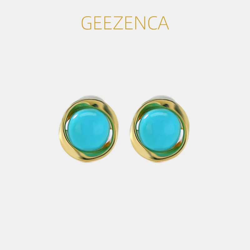 

GEEZENCA S925 Silver Turquoise Stone Stud Earrings Women Gold Plated Simple Trendy Lightweight Stackable Small Earring Love Gift