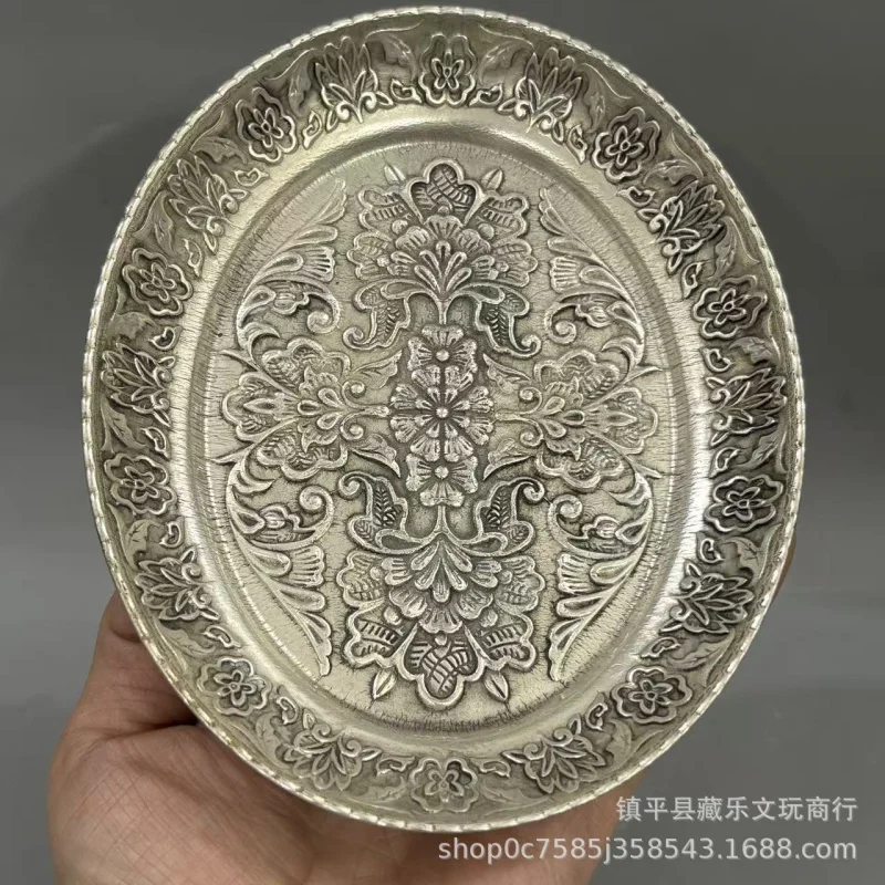 Antique copperware, white silver-plated flower , collectible copper plate, "Flowers Blooming, Wealth Abundant" vinta