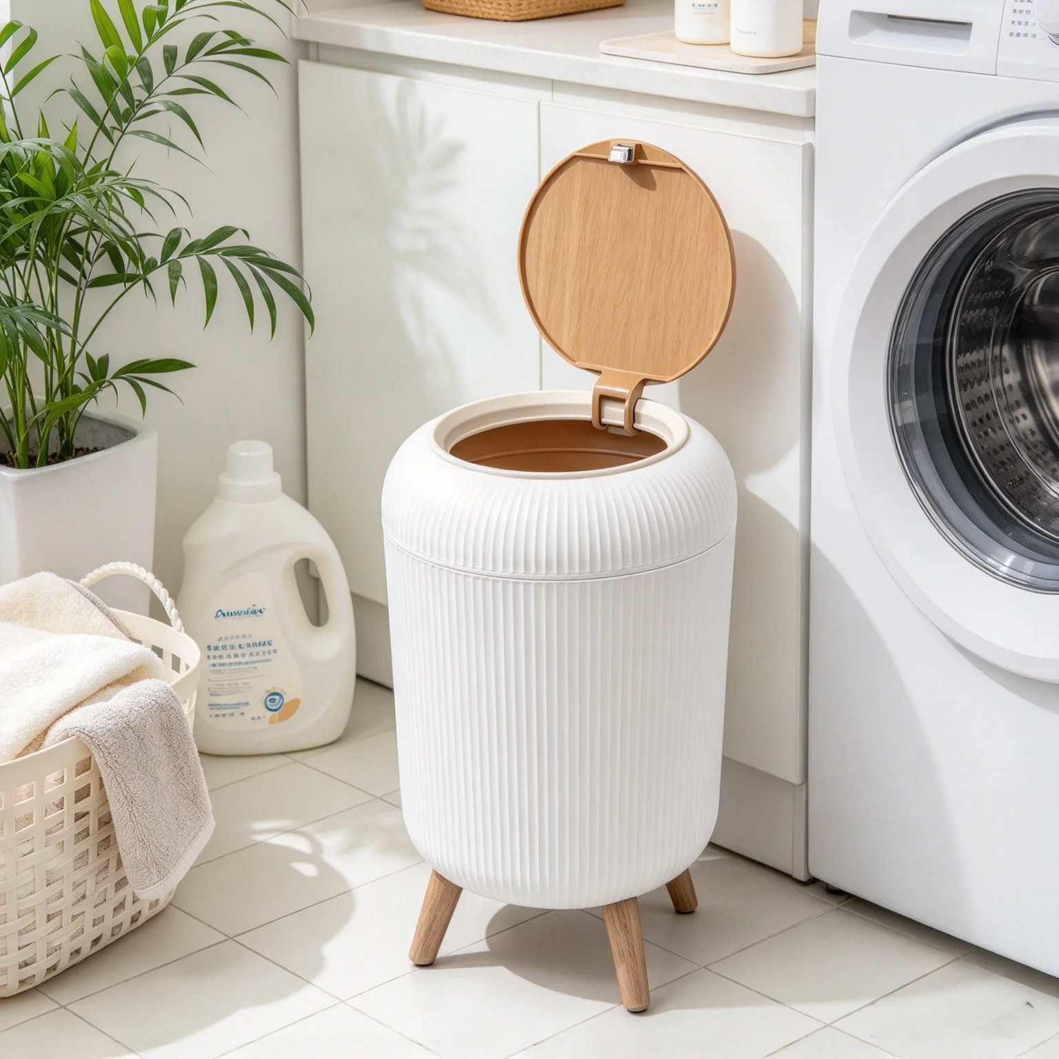 Nordic Vertical Ribbed Press‑Top Lidded Waste Bin with Detachable Elevated Legs, Decorative Marble‑Trim Garbage Can for Bathroom Bedroom Living Room Home