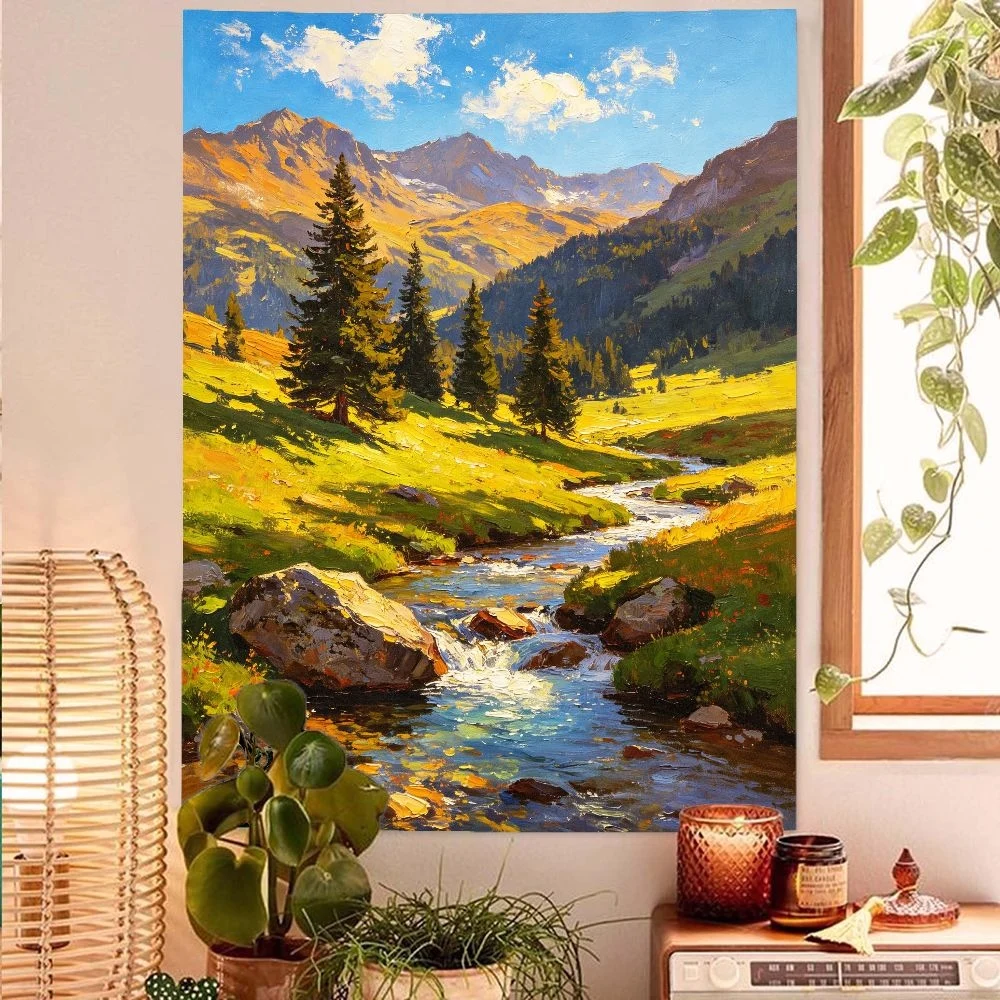 VIKAMA Nature Landscape Tapestry Mountain River Pine Trees Wall Hanging Oil Painting Style for Living Room Bedroom Home Decor
