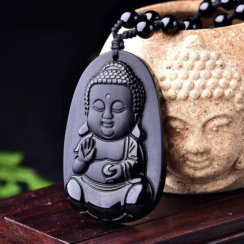 Obsidian Baby Buddha jade Pendant Gemstone Sakyamuni jade pendant necklace Attracting Wealth Stabilizing Magnetic Field