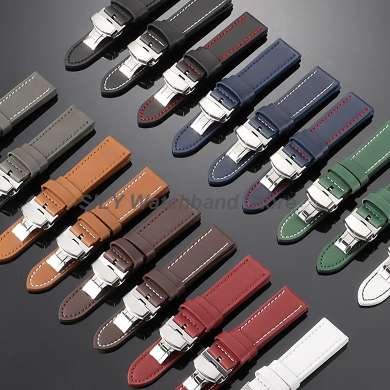 18/20/22/24mm Retro Vintage Leder-Uhrenarmbänder Silber Schwarz Roségold Schmetterlingsverschluss Uhrenarmbänder Universelle Business-Armbänder