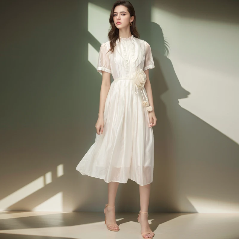 

Элегантное летнее платье миди из полиэстера с пышными рукавами и средней талией, однотонное, модное, коллекция 2024