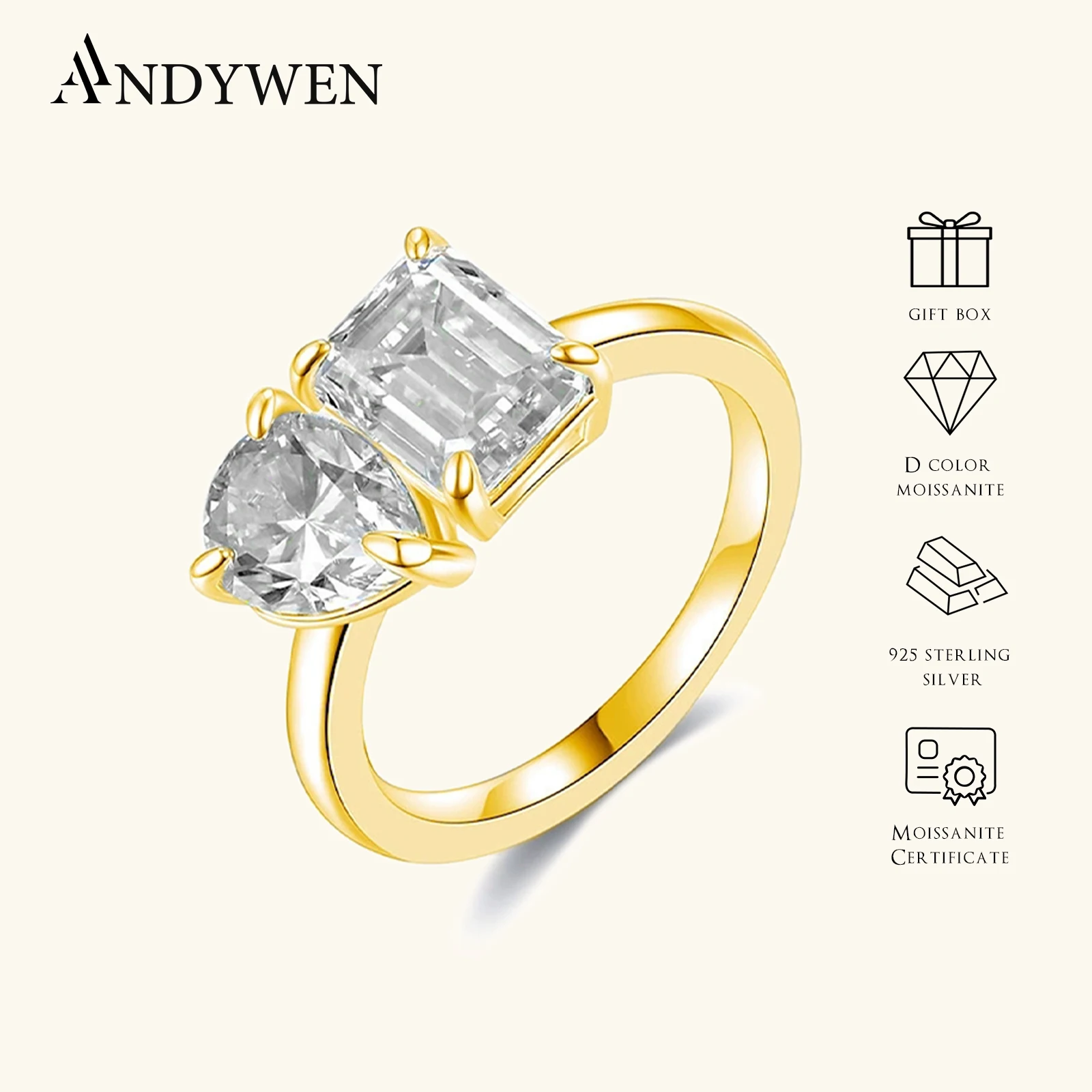 

ANDYWEN D Color 2CT Pear & Square Moissanite Ring 925 Sterling Silver Wedding Band Engagement Luxury Jewelry Women Gift