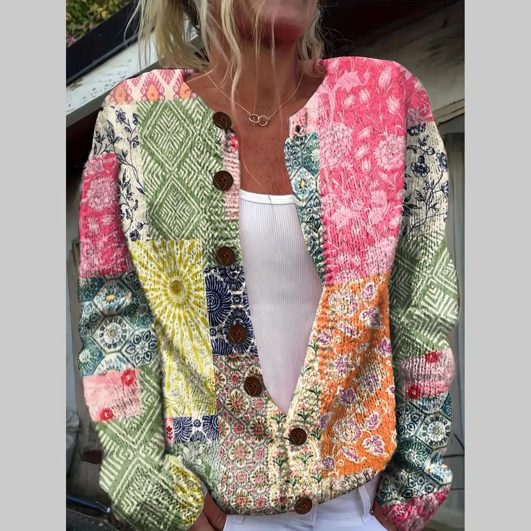 

American Aesthetic Plaid Cute Printing Cardigan Boho Sweater Coats Loose Long Sleeve Jacket Autumn Winter Outerwear French Style