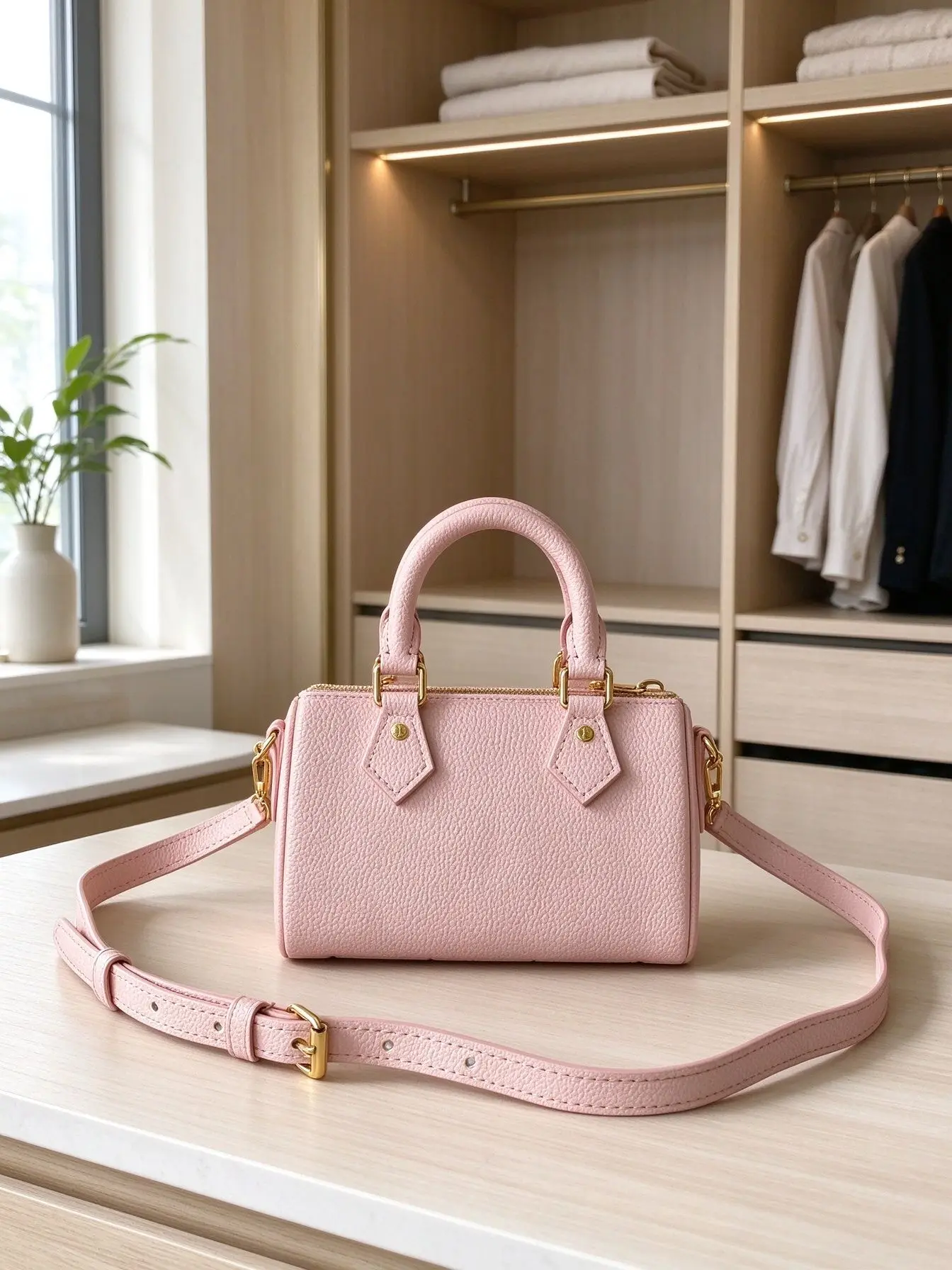 Unisex Mini Cylindrical Handbag Pink Grain Leather Top Handle Bag Metal Lock Zipper Closure Detachable Adjustable Crossbody Strap Casual Mini Purse