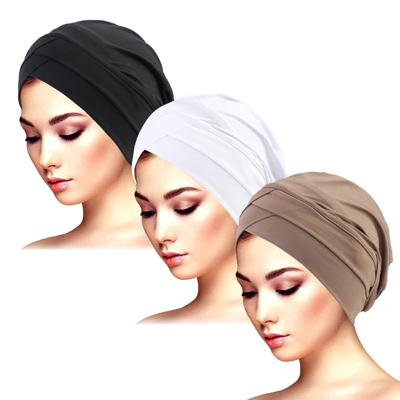 3PCS/LOT Popular Double Chiasma Elastic Turban Hat For Women Muslim Bottom Cap Fashion Solid Color Multifunction Wrap Head Hat