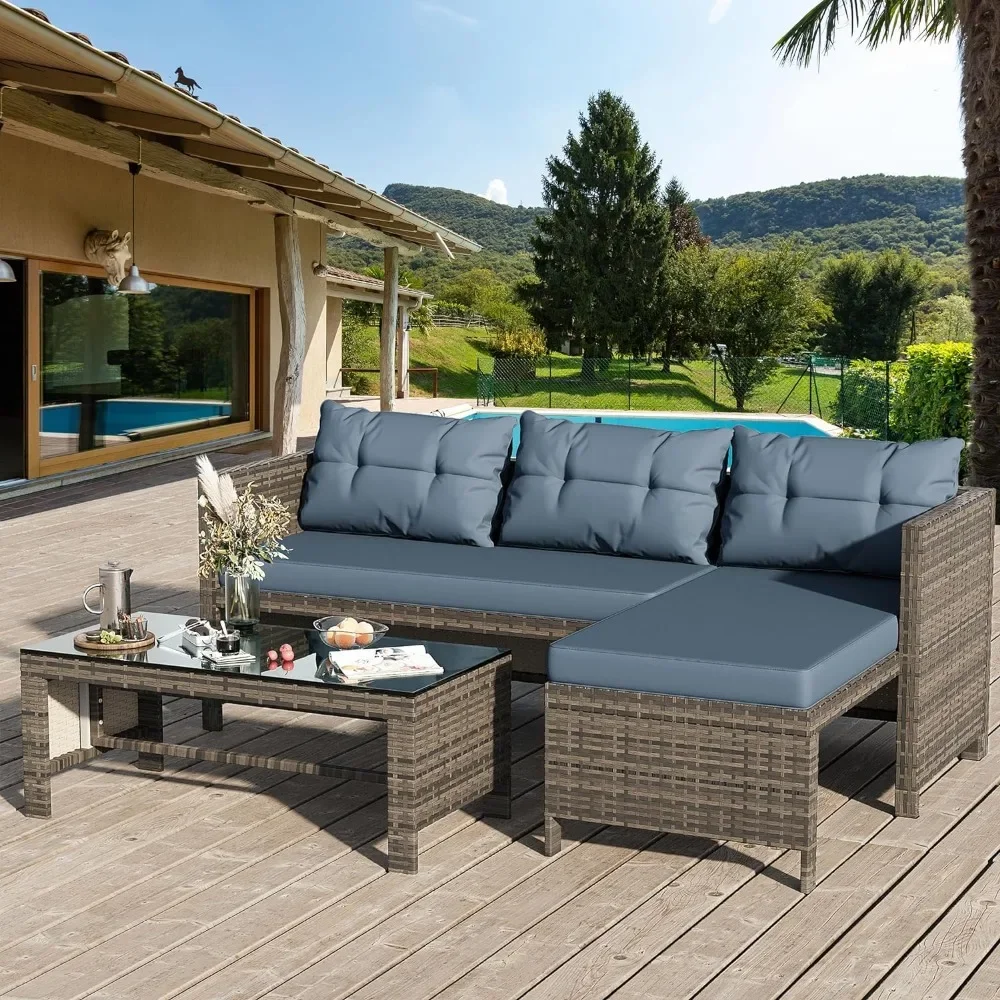 

Outdoor Patio Furniture Sets, Wicker Patio sectional Sets 3-Piece, All Weather Wicker Rattan Patio Seating Sofas(Grayish Blue)